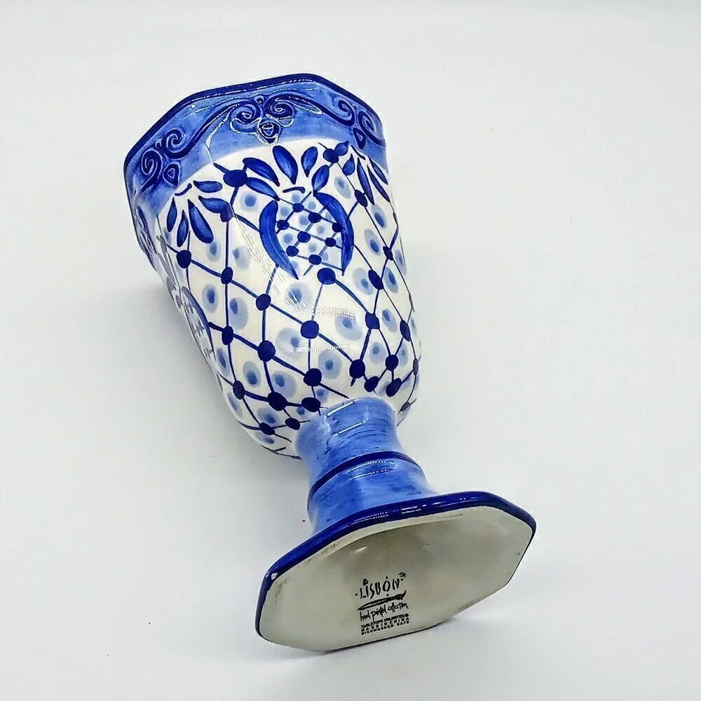 Tabletops Unlimited Hand-Painted Lisbon Blue White Ceramic Footed Vase